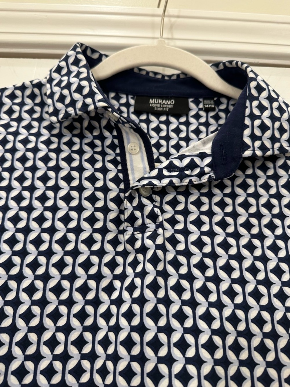 Murano Liquid Luxury Navy and White Geometric Slim Fit Collared Shirt Boys 14/16 - Picture 6 of 9